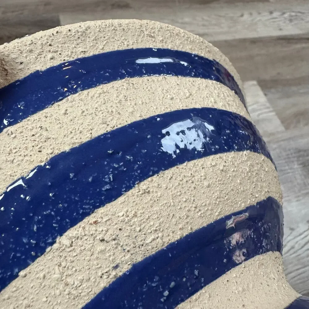 Handmade Studio Pottery Bowl Blue Stripe Pedestal Rustic Ceramic